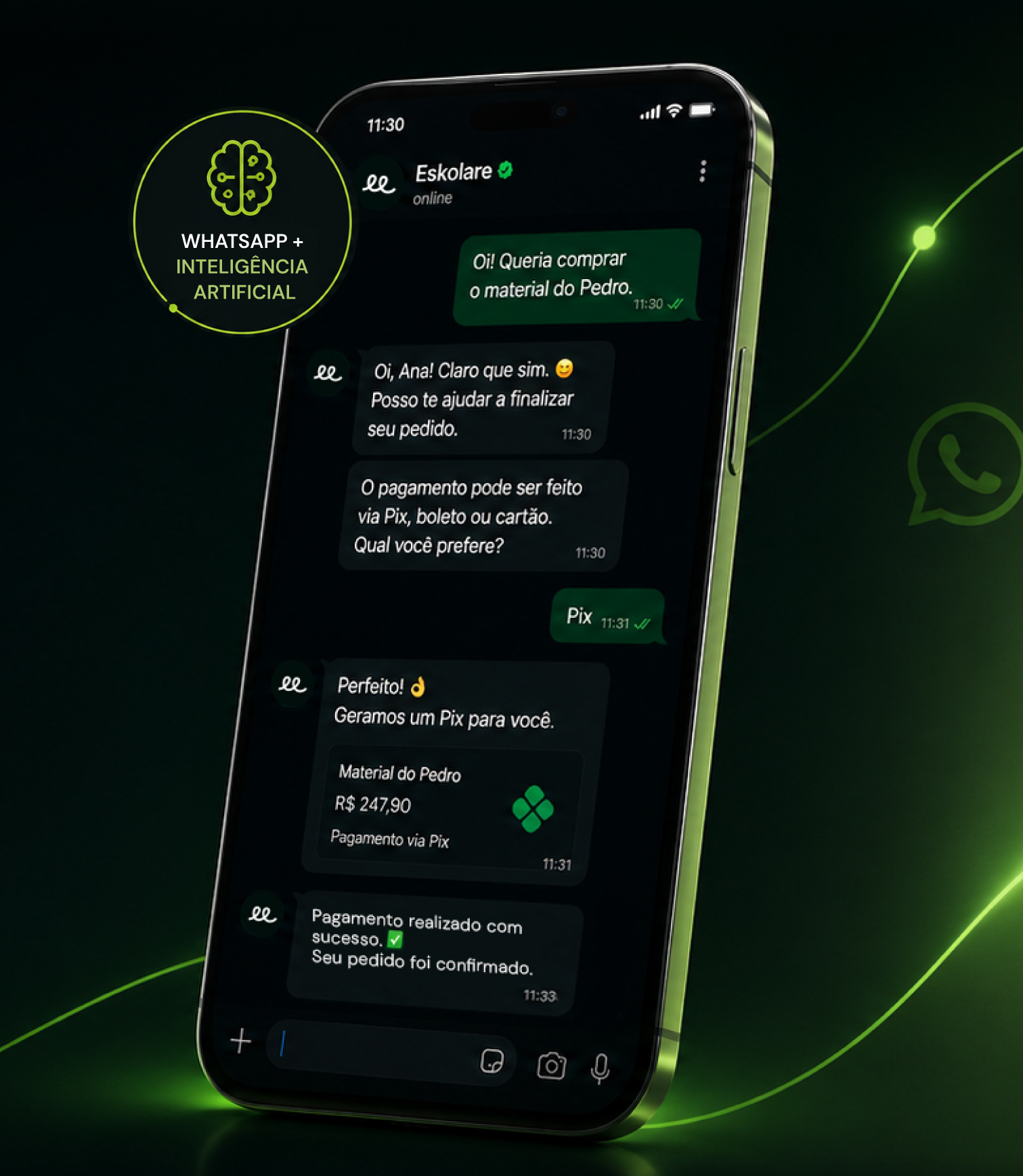 Conversa de compra pelo WhatsApp com a Eskolare